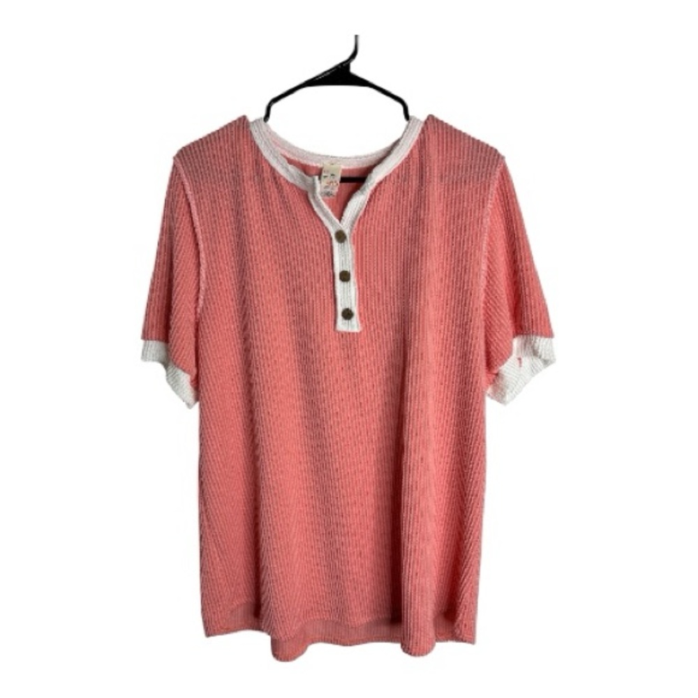 7th Ray Women’s Coral Waffle Knit Short Sleeve Top with White Trim Size XL